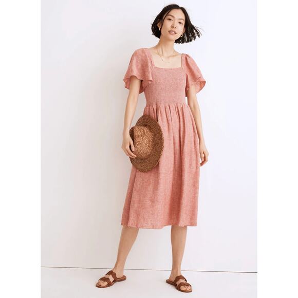 Madewell Smocked Linen-Blend Puff Sleeve Midi Dress - Size 2X - Picture 1 of 8